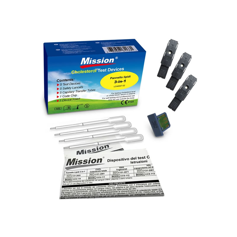 PANNELLO PROFILO LIPIDICO 3in1 + CAPILLARI per analizzatore colesterolo mission codice 23932 conf. 5 pz